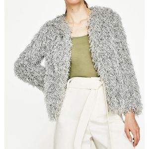 ZARA Shimmery Textured  Shaggy Faux  Fur Jacket Women's Size S